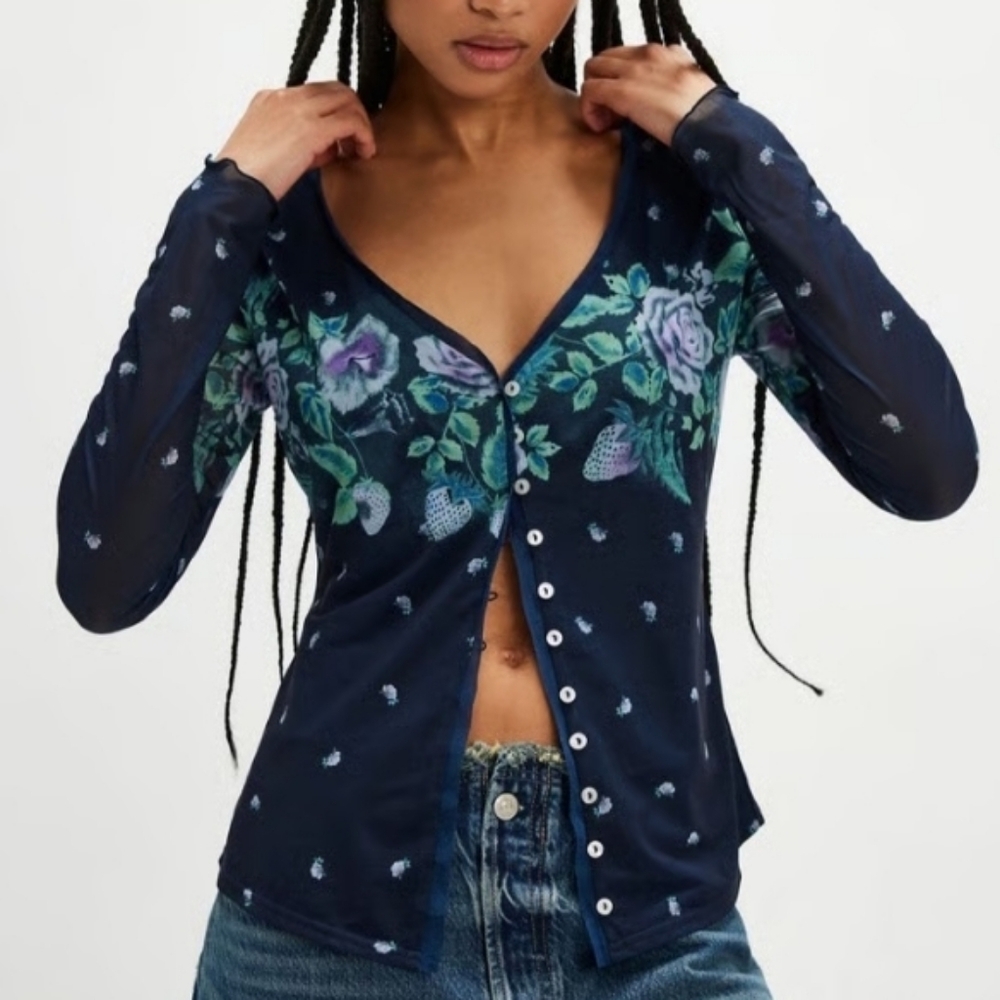 FREE PEOPLE Home Grown Vintage Vibe Mesh Floral Navy Combo Cardigan NWOT